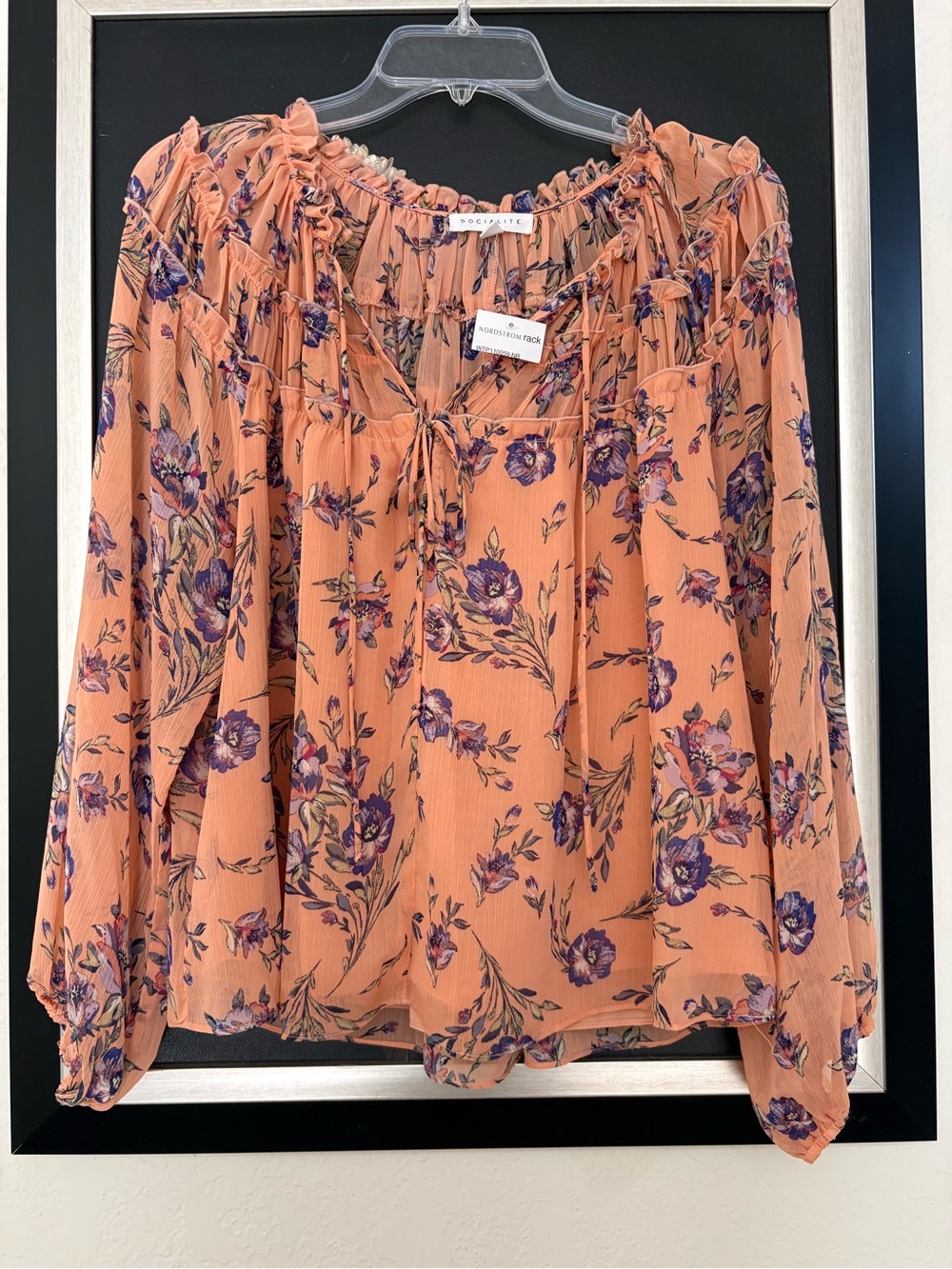 Socialite Peach Floral Peasant Blouse with Purple Print